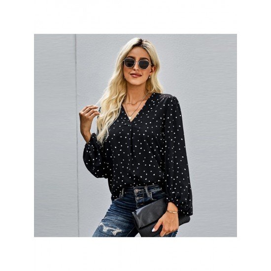  Casual V Neck Polka-dot Women's Long Sleeve Top