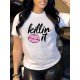 Letter Lip Graphic White T Shirts For Women