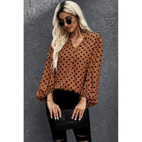  Casual V Neck Polka-dot Women's Long Sleeve Top