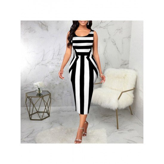 Summer Backless Striped Sleeveless Midi Dress