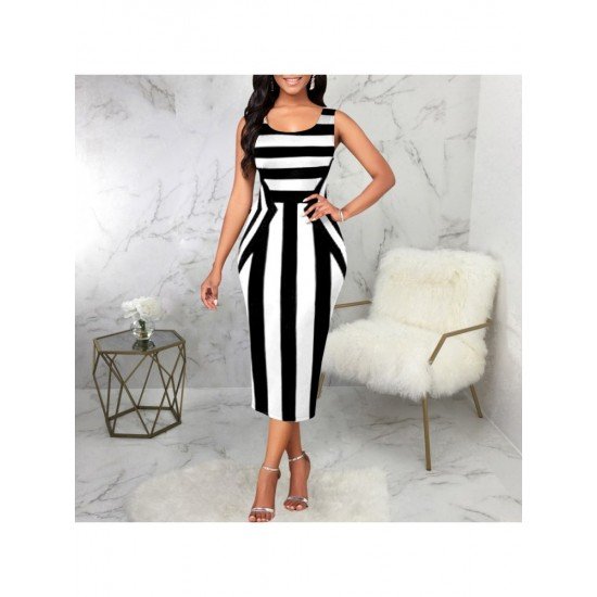 Summer Backless Striped Sleeveless Midi Dress