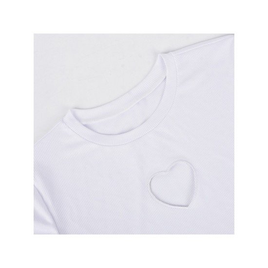 Sexy Heart Cut Out White Crop T Shirts