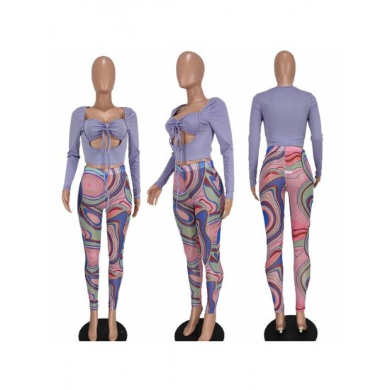  Hollowed Out Crop Top And Printing Trouser Sets