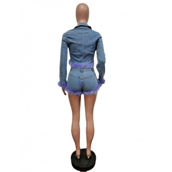  Fashion Feather Denim Top And Shorts Women's Suit