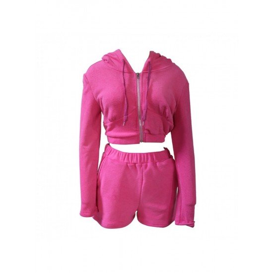  Pure Color Hooded Zipper Women's Casual Set