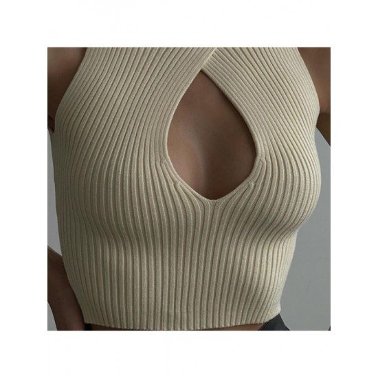 Sexy Cut Out Solid Turtle Neck Sleeveless Tank Tops