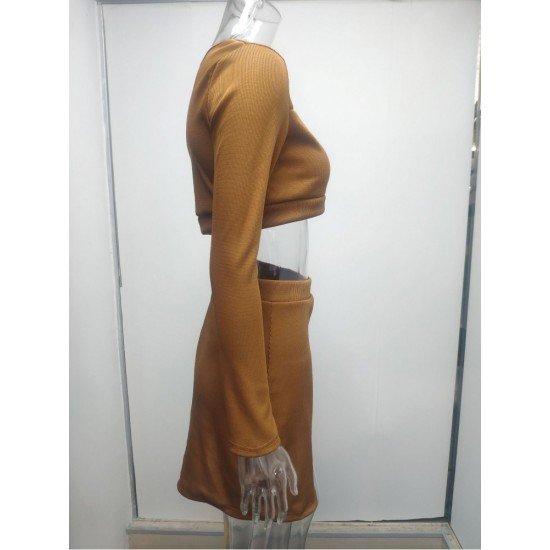  Women's Knitting Pure Color Hollowed Out Skirt Suit