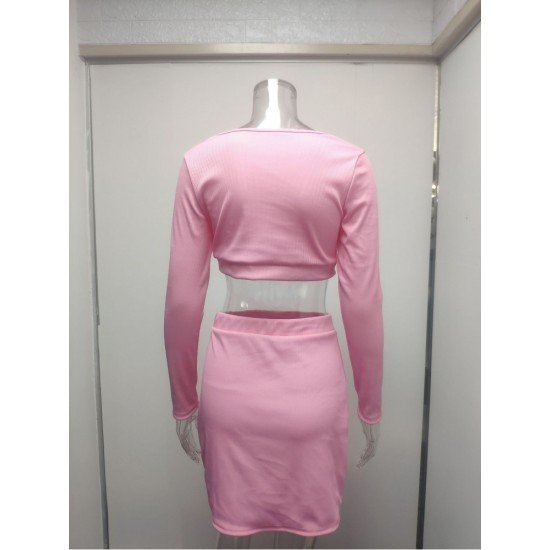  Women's Knitting Pure Color Hollowed Out Skirt Suit