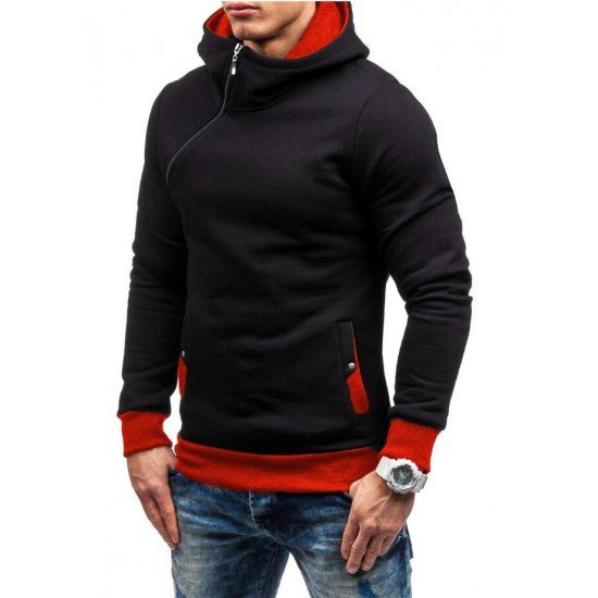  Winter Hooded Contrast Color Patchwork Men's Top