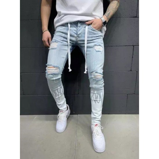  Fashion Contrast Color Flame Ripped Men's Jeans