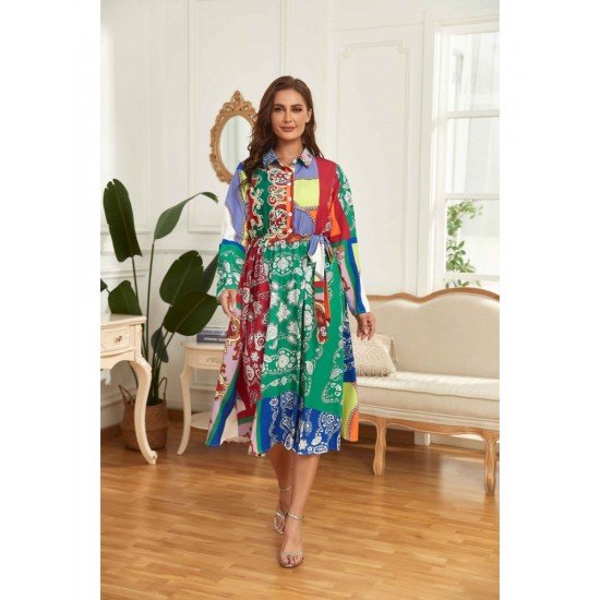 Vacation Paisley Printed Color Blocking Long Sleeve Shirt Dress