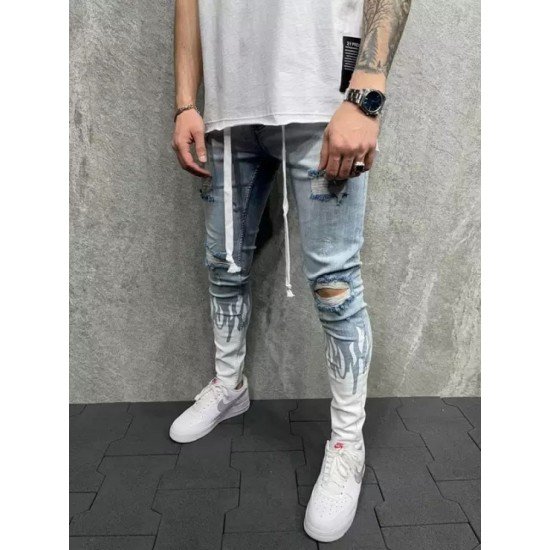  Fashion Contrast Color Flame Ripped Men's Jeans