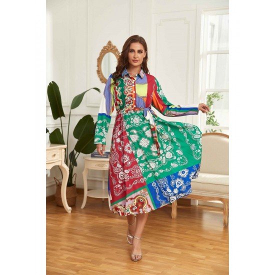 Vacation Paisley Printed Color Blocking Long Sleeve Shirt Dress