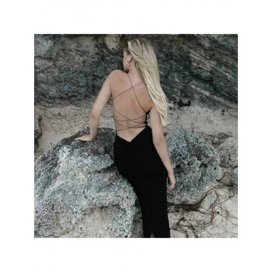 Ladies Black Backless Long Sleeveless Maxi Dress