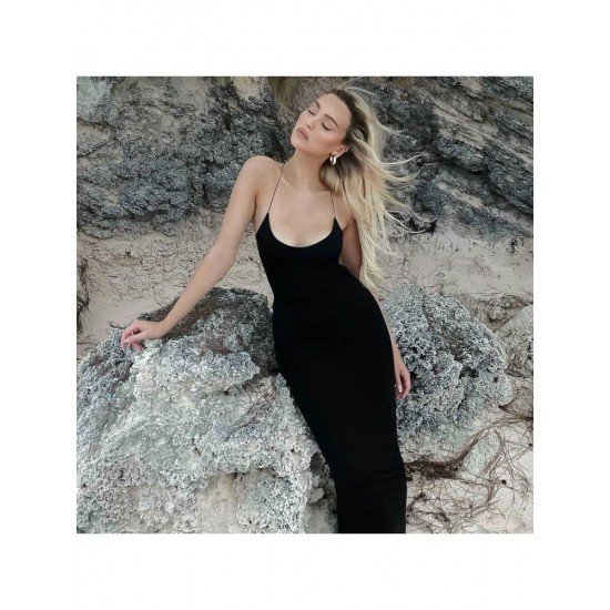 Ladies Black Backless Long Sleeveless Maxi Dress