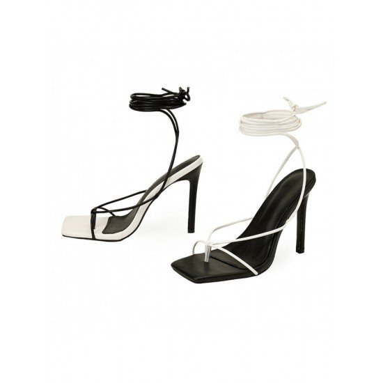 Black White Contrast Color Stiletto Lace Up Heeled Sandals 