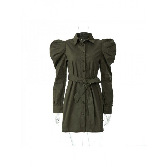 Stylish Solid Gigot Sleeve Long Sleeve Shirt Dress