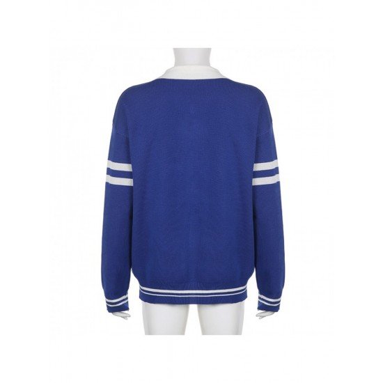 Oversized Star Letter Blue Polo Neck Sweaters