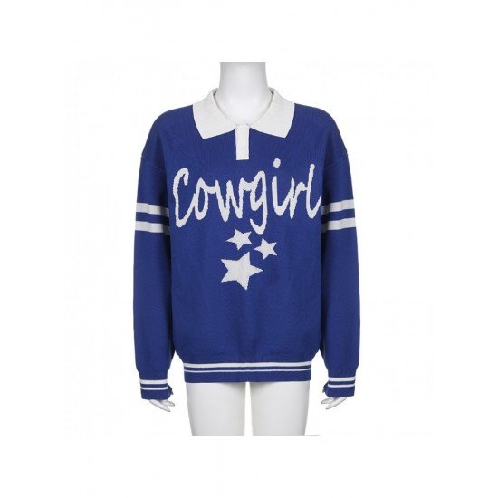 Oversized Star Letter Blue Polo Neck Sweaters