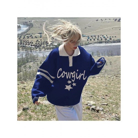 Oversized Star Letter Blue Polo Neck Sweaters