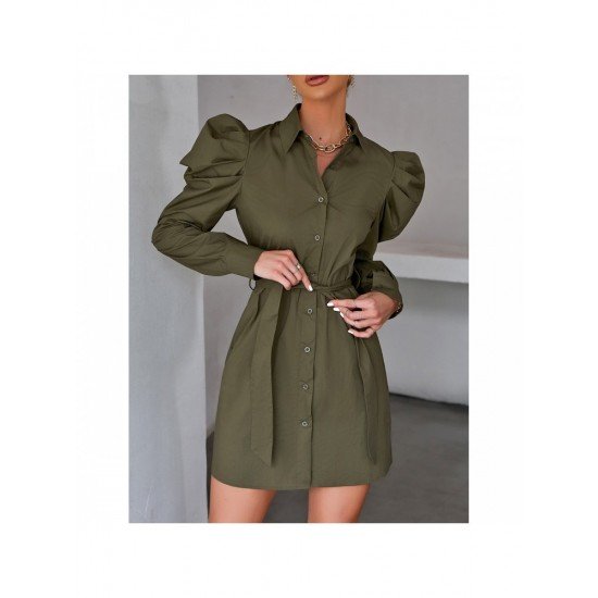 Stylish Solid Gigot Sleeve Long Sleeve Shirt Dress