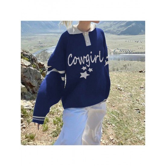 Oversized Star Letter Blue Polo Neck Sweaters