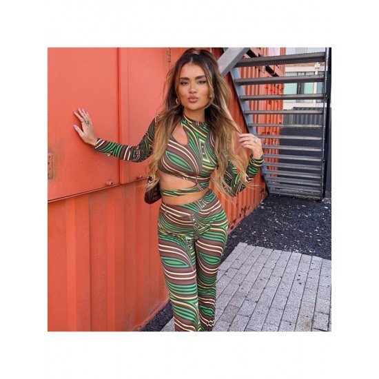  Fashion Printing Hollowed Out Women's Trouser Suit