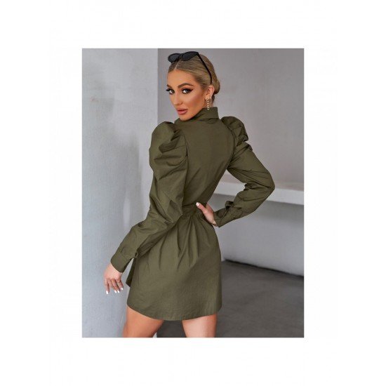 Stylish Solid Gigot Sleeve Long Sleeve Shirt Dress