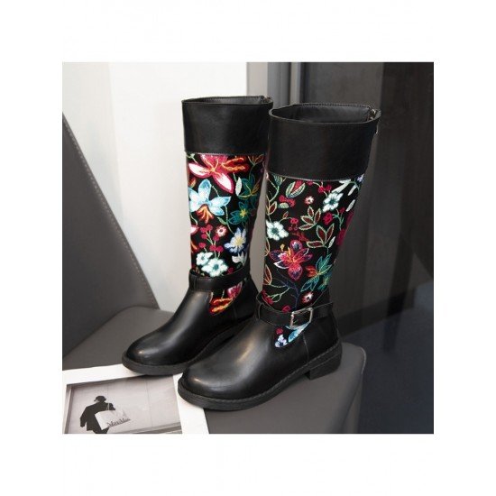 Flower Embroidery Vintage Mid Calf Boots