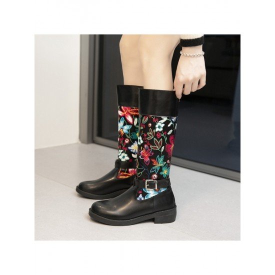 Flower Embroidery Vintage Mid Calf Boots