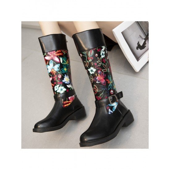 Flower Embroidery Vintage Mid Calf Boots