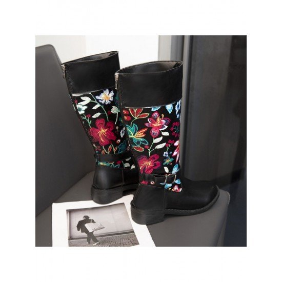 Flower Embroidery Vintage Mid Calf Boots