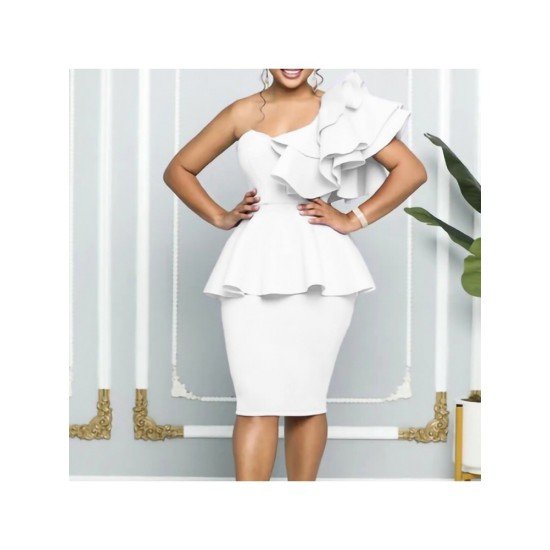 Ruffles One Shoulder Party Knee Length Dress