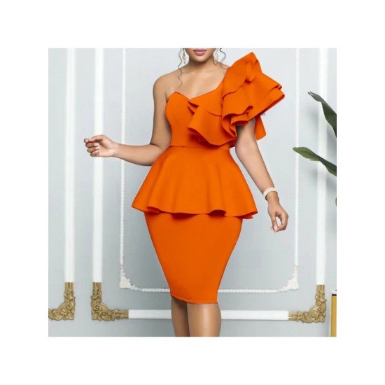 Ruffles One Shoulder Party Knee Length Dress