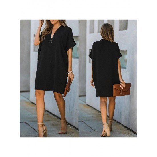  Pure Color V Neck Women's Short Sleeve Dress