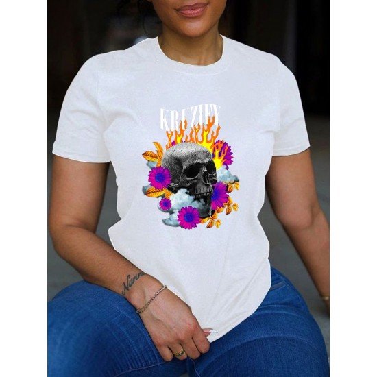 Skull Flower Graphic Summer T Shirts For Women