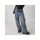 Stylish Wide Leg Blue Low Rise Cargo Jeans