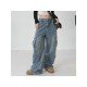 Stylish Wide Leg Blue Low Rise Cargo Jeans