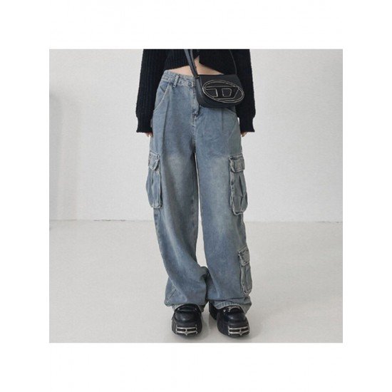 Stylish Wide Leg Blue Low Rise Cargo Jeans