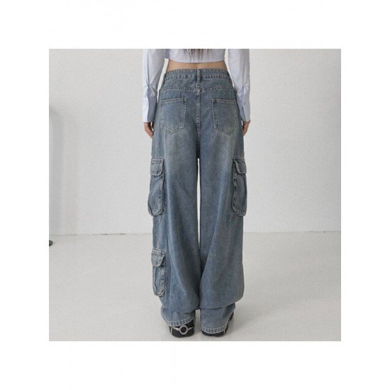 Stylish Wide Leg Blue Low Rise Cargo Jeans