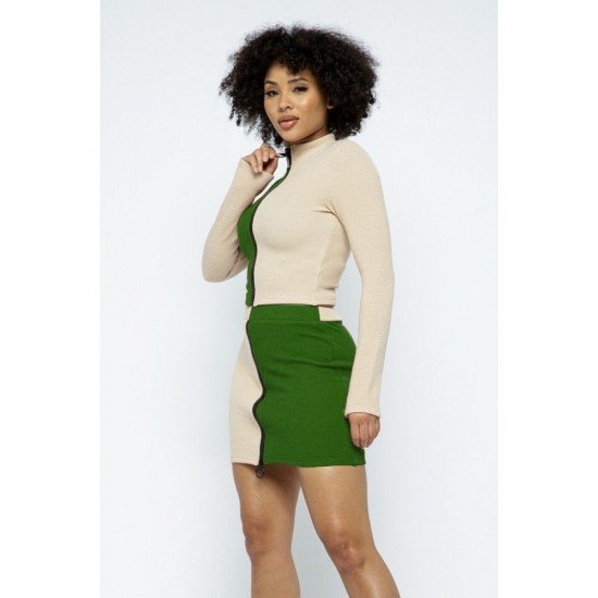  Contrast Color Zipper Top And Skirt Women's Suits