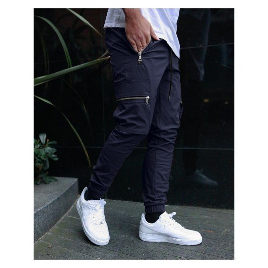 Casual Black Zip Pocket Pencil Pants For Men