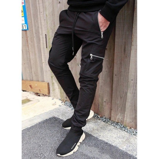 Casual Black Zip Pocket Pencil Pants For Men