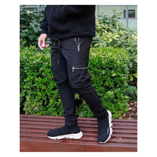 Casual Black Zip Pocket Pencil Pants For Men