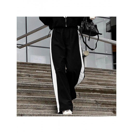 Black Contrast Color Straight Leg Trousers For Women