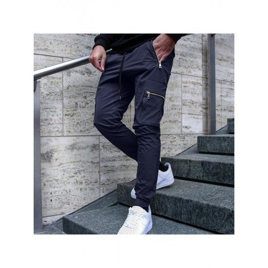 Casual Black Zip Pocket Pencil Pants For Men