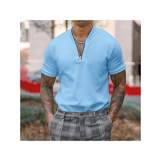 Men's Solid Color Zipper Up Short Sleeve Polo Shirt