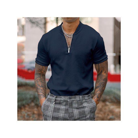 Men's Solid Color Zipper Up Short Sleeve Polo Shirt