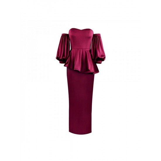  Plus Size Pure Color Ruffled Off Shoulder Party Dress