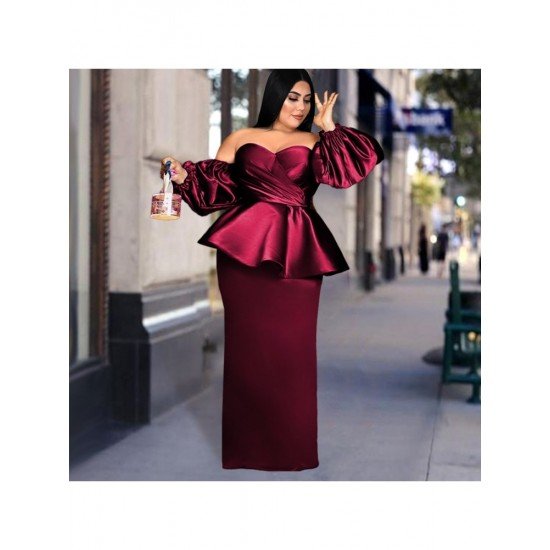  Plus Size Pure Color Ruffled Off Shoulder Party Dress